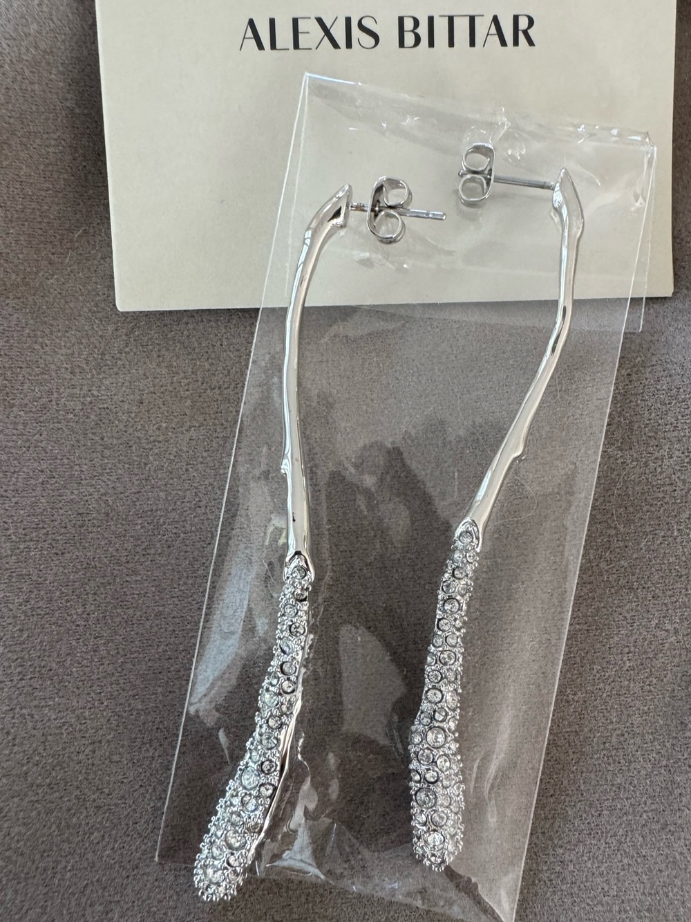 Brand New Alexis Bittar Silver Crystal Pavé Curved Drop Earrings